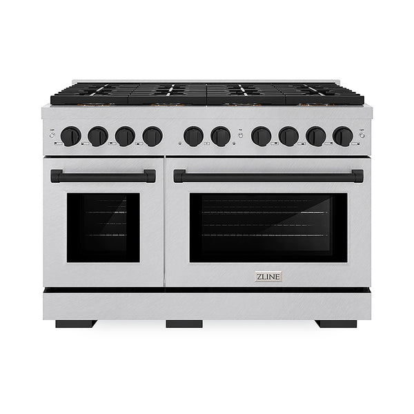 ZLINE Autograph Edition 48 in. 6.7 cu. ft. Paramount Gas Range with 8 Burner DuoPro™ Cooktop and Dual Ovens in Satin Stainless Steel and Matte Black Accents, Open Box-Great Condition
