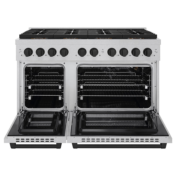 ZLINE Autograph Edition 48 in. 6.7 cu. ft. Paramount Gas Range with 8 Burner DuoPro™ Cooktop and Dual Ovens in Satin Stainless Steel and Matte Black Accents, Open Box-Good Condition