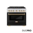 ZLINE Autograph Edition 36 in. 5.2 cu. ft. Paramount Gas Range with 6 Burner DuoPro™ Cooktop and Convection Gas Oven in Satin Stainless Steel with Black Matte Door and Champagne Bronze Accents, Open Box-Good Condition
