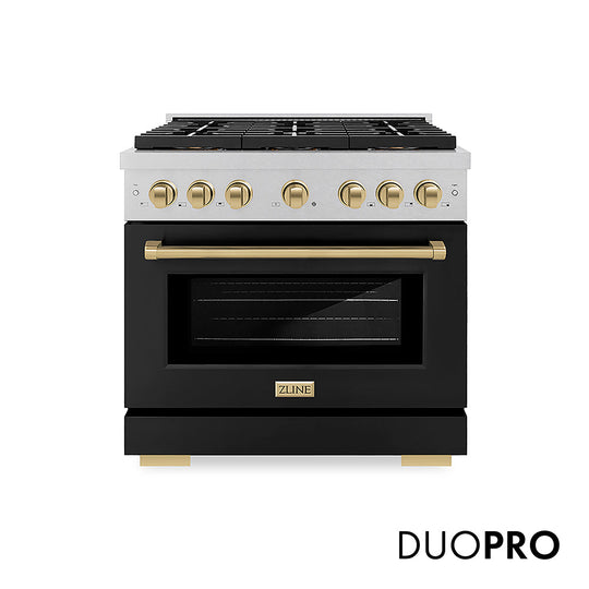 ZLINE Autograph Edition 36 in. 5.2 cu. ft. Paramount Gas Range with 6 Burner DuoPro™ Cooktop and Convection Gas Oven in Satin Stainless Steel with Black Matte Door and Champagne Bronze Accents, Open Box-Good Condition