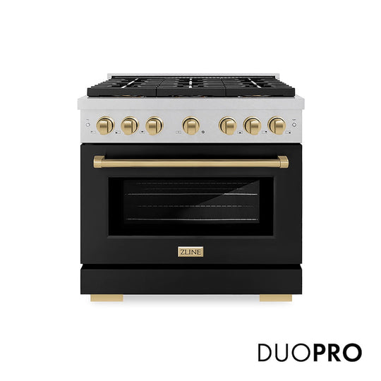 ZLINE Autograph Edition 36 in. 5.2 cu. ft. Paramount Dual Fuel Range with 6 Burner DuoPro™ Cooktop and Electric Convection Oven in Satin Stainless Steel with Black Matte Door and Champagne Bronze Accents, Open Box-Good Condition