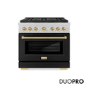 ZLINE Autograph Edition 36 in. 5.2 cu. ft. Paramount Dual Fuel Range with 6 Burner DuoPro™ Cooktop and Electric Convection Oven in Satin Stainless Steel with Black Matte Door and Champagne Bronze Accents, Open Box-Great Condition