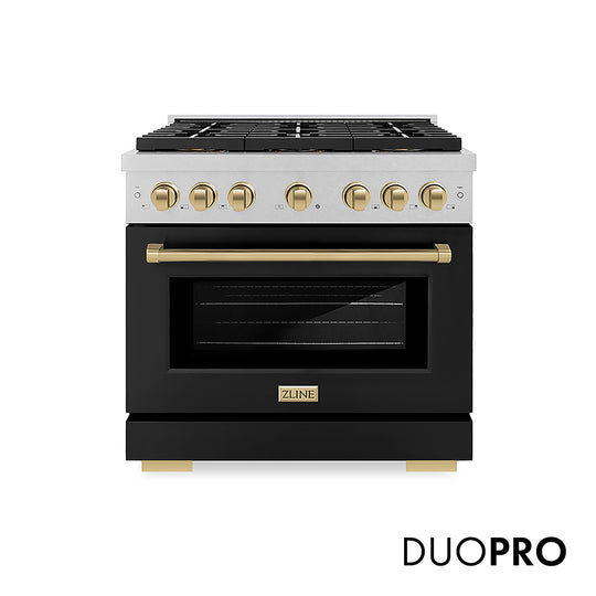 ZLINE Autograph Edition 36 in. 5.2 cu. ft. Paramount Dual Fuel Range with 6 Burner DuoPro™ Cooktop and Electric Convection Oven in Satin Stainless Steel with Black Matte Door and Champagne Bronze Accents, Open Box-Great Condition