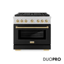 ZLINE Autograph Edition 36 in. 5.2 cu. ft. Paramount Gas Range with 6 Burner DuoPro™ Cooktop and Convection Gas Oven in Satin Stainless Steel with Black Matte Door and Champagne Bronze Accents, Open Box-Great Condition