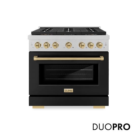 ZLINE Autograph Edition 36 in. 5.2 cu. ft. Paramount Gas Range with 6 Burner DuoPro™ Cooktop and Convection Gas Oven in Satin Stainless Steel with Black Matte Door and Champagne Bronze Accents, Open Box-Great Condition