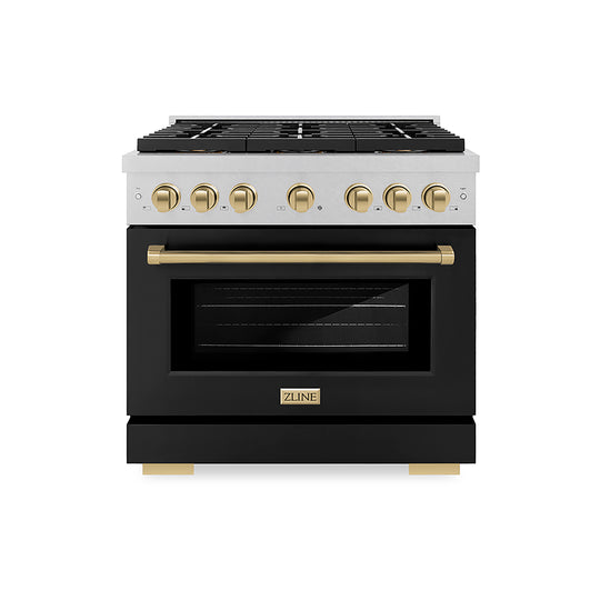 ZLINE Autograph Edition 36 in. 5.2 cu. ft. Paramount Gas Range with 6 Burner DuoPro™ Cooktop and Convection Gas Oven in Satin Stainless Steel with Black Matte Door and Champagne Bronze Accents (PSGRSZ-BLM36-CB)