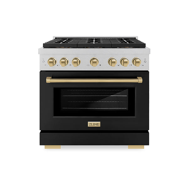 ZLINE Autograph Edition 36 in. 5.2 cu. ft. Paramount Gas Range with 6 Burner DuoPro™ Cooktop and Convection Gas Oven in Satin Stainless Steel with Black Matte Door and Champagne Bronze Accents, Open Box-Great Condition