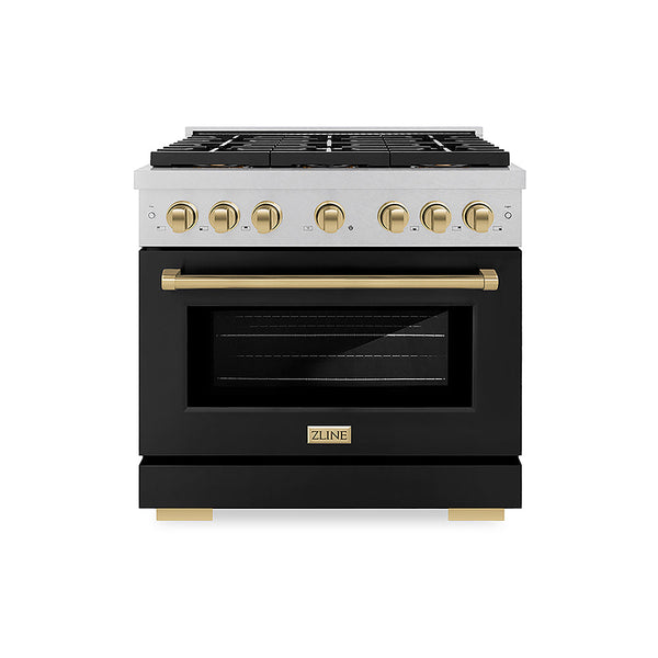 ZLINE Autograph Edition 36 in. 5.2 cu. ft. Paramount Gas Range with 6 Burner DuoPro™ Cooktop and Convection Gas Oven in Satin Stainless Steel with Black Matte Door and Champagne Bronze Accents, Open Box-Good Condition