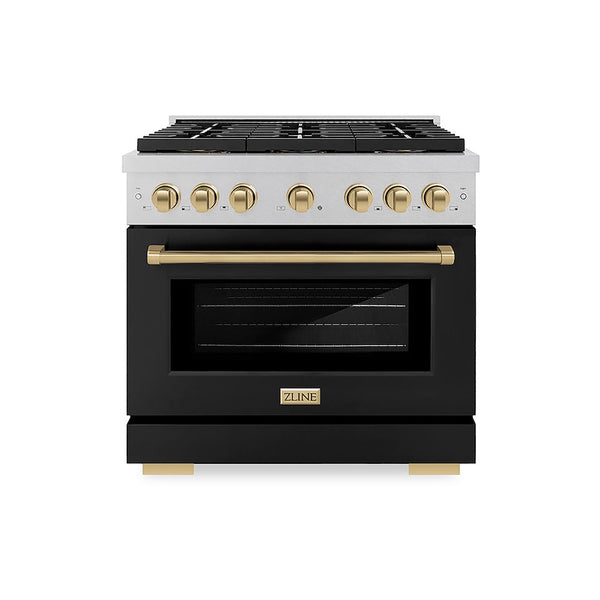 ZLINE Autograph Edition 36 in. 5.2 cu. ft. Paramount Dual Fuel Range with 6 Burner DuoPro™ Cooktop and Electric Convection Oven in Satin Stainless Steel with Black Matte Door and Champagne Bronze Accents, Open Box-Good Condition