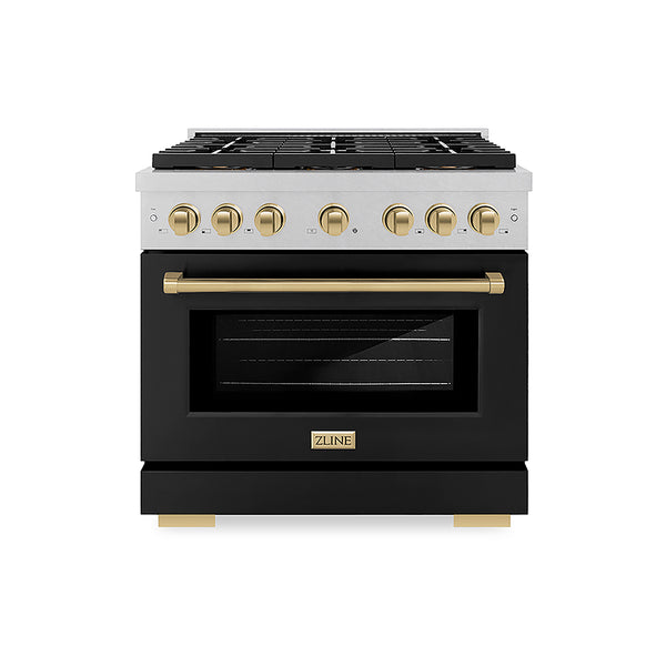 ZLINE Autograph Edition 36 in. 5.2 cu. ft. Paramount Dual Fuel Range with 6 Burner DuoPro™ Cooktop and Electric Convection Oven in Satin Stainless Steel with Black Matte Door and Champagne Bronze Accents, Open Box-Great Condition