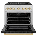 ZLINE Autograph Edition 36 in. 5.2 cu. ft. Paramount Gas Range with 6 Burner DuoPro™ Cooktop and Convection Gas Oven in Satin Stainless Steel with Black Matte Door and Champagne Bronze Accents, Open Box-Great Condition