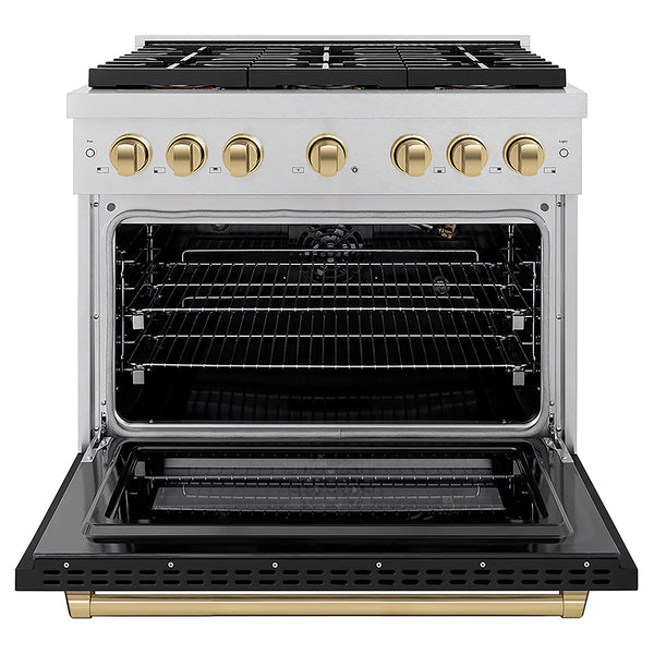 ZLINE Autograph Edition 36 in. 5.2 cu. ft. Paramount Gas Range with 6 Burner DuoPro™ Cooktop and Convection Gas Oven in Satin Stainless Steel with Black Matte Door and Champagne Bronze Accents, Open Box-Great Condition