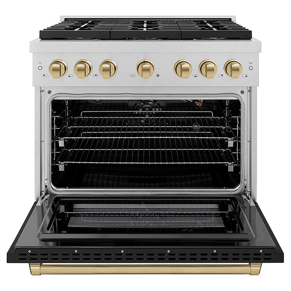 ZLINE Autograph Edition 36 in. 5.2 cu. ft. Paramount Gas Range with 6 Burner DuoPro™ Cooktop and Convection Gas Oven in Satin Stainless Steel with Black Matte Door and Champagne Bronze Accents, Open Box-Good Condition