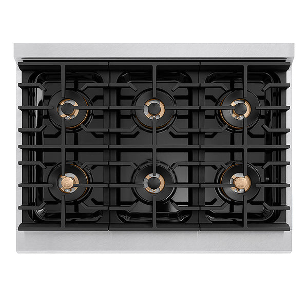 ZLINE Autograph Edition 36 in. 5.2 cu. ft. Paramount Gas Range with 6 Burner DuoPro™ Cooktop and Convection Gas Oven in Satin Stainless Steel with Black Matte Door and Champagne Bronze Accents, Open Box-Good Condition