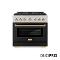 ZLINE Autograph Edition 36 in. 5.2 cu. ft. Paramount Gas Range with 6 Burner DuoPro™ Cooktop and Convection Gas Oven in Satin Stainless Steel with Black Matte Door and Polished Gold Accents, Open Box-Great Condition