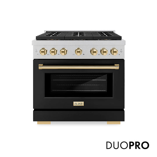ZLINE Autograph Edition 36 in. 5.2 cu. ft. Paramount Gas Range with 6 Burner DuoPro™ Cooktop and Convection Gas Oven in Satin Stainless Steel with Black Matte Door and Polished Gold Accents, Open Box-Good Condition