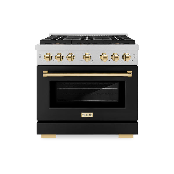 ZLINE Autograph Edition 36 in. 5.2 cu. ft. Paramount Gas Range with 6 Burner DuoPro™ Cooktop and Convection Gas Oven in Satin Stainless Steel with Black Matte Door and Polished Gold Accents, Open Box-Great Condition