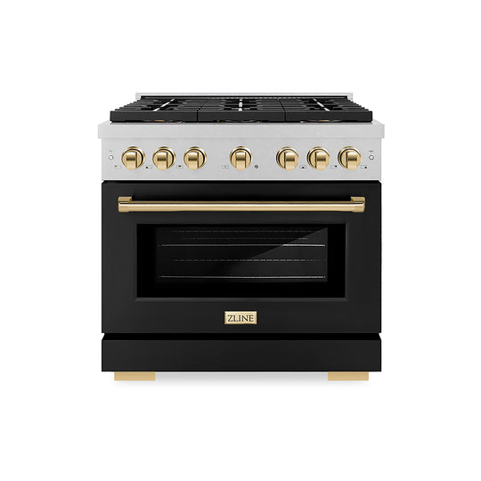 ZLINE Autograph Edition 36 in. 5.2 cu. ft. Paramount Gas Range with 6 Burner DuoPro™ Cooktop and Convection Gas Oven in Satin Stainless Steel with Black Matte Door and Polished Gold Accents (PSGRSZ-BLM36-G)
