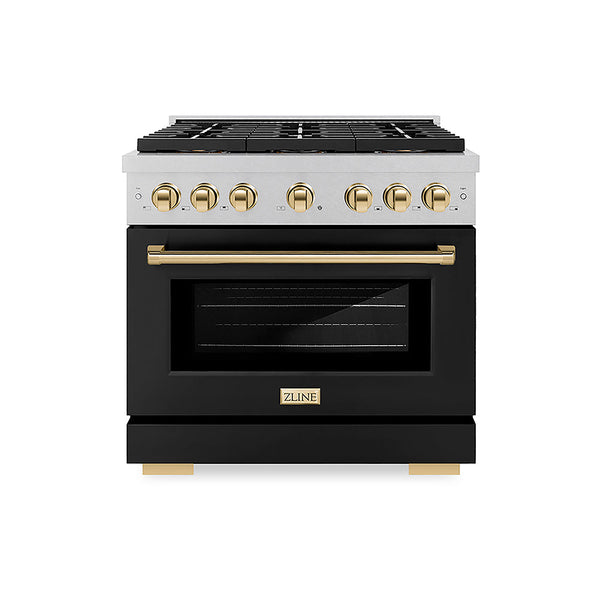 ZLINE Autograph Edition 36 in. 5.2 cu. ft. Paramount Gas Range with 6 Burner DuoPro™ Cooktop and Convection Gas Oven in Satin Stainless Steel with Black Matte Door and Polished Gold Accents, Open Box-Good Condition