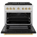 ZLINE Autograph Edition 36 in. 5.2 cu. ft. Paramount Gas Range with 6 Burner DuoPro™ Cooktop and Convection Gas Oven in Satin Stainless Steel with Black Matte Door and Polished Gold Accents, Open Box-Good Condition