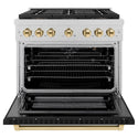 ZLINE Autograph Edition 36 in. 5.2 cu. ft. Paramount Gas Range with 6 Burner DuoPro™ Cooktop and Convection Gas Oven in Satin Stainless Steel with Black Matte Door and Polished Gold Accents, Open Box-Great Condition