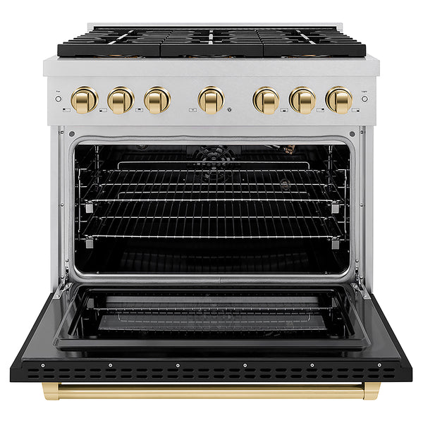 ZLINE Autograph Edition 36 in. 5.2 cu. ft. Paramount Gas Range with 6 Burner DuoPro™ Cooktop and Convection Gas Oven in Satin Stainless Steel with Black Matte Door and Polished Gold Accents, Open Box-Great Condition