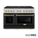 ZLINE Autograph Edition 48 in. 6.7 cu. ft. Paramount Gas Range with 8 Burner DuoPro™ Cooktop and Dual Ovens in Satin Stainless Steel with Black Matte Doors and Champagne Bronze Accents, Open Box-Great Condition