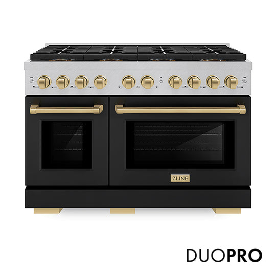 ZLINE Autograph Edition 48 in. 6.7 cu. ft. Paramount Gas Range with 8 Burner DuoPro™ Cooktop and Dual Ovens in Satin Stainless Steel with Black Matte Doors and Champagne Bronze Accents, Open Box-Great Condition