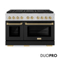ZLINE Autograph Edition 48 in. 6.7 cu. ft. Paramount Gas Range with 8 Burner DuoPro™ Cooktop and Dual Ovens in Satin Stainless Steel with Black Matte Doors and Champagne Bronze Accents, Open Box-Good Condition