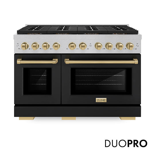 ZLINE Autograph Edition 48 in. 6.7 cu. ft. Paramount Gas Range with 8 Burner DuoPro™ Cooktop and Dual Ovens in Satin Stainless Steel with Black Matte Doors and Champagne Bronze Accents, Open Box-Good Condition