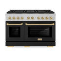 ZLINE Autograph Edition 48 in. 6.7 cu. ft. Paramount Gas Range with 8 Burner DuoPro™ Cooktop and Dual Ovens in Satin Stainless Steel with Black Matte Doors and Champagne Bronze Accents, Open Box-Great Condition