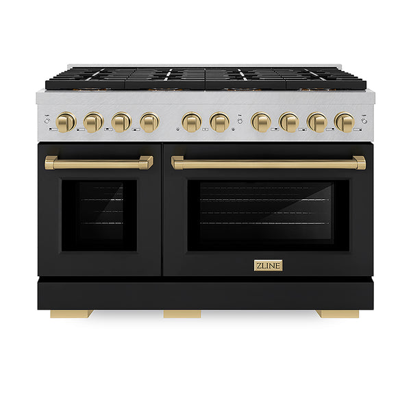 ZLINE Autograph Edition 48 in. 6.7 cu. ft. Paramount Gas Range with 8 Burner DuoPro™ Cooktop and Dual Ovens in Satin Stainless Steel with Black Matte Doors and Champagne Bronze Accents, Open Box-Great Condition