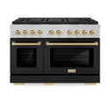 ZLINE Autograph Edition 48 in. 6.7 cu. ft. Paramount Gas Range with 8 Burner DuoPro™ Cooktop and Dual Ovens in Satin Stainless Steel with Black Matte Doors and Champagne Bronze Accents, Open Box-Good Condition