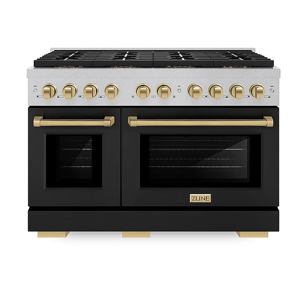 ZLINE Autograph Edition 48 in. 6.7 cu. ft. Paramount Gas Range with 8 Burner DuoPro™ Cooktop and Dual Ovens in Satin Stainless Steel with Black Matte Doors and Champagne Bronze Accents, Open Box-Good Condition