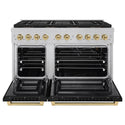 ZLINE Autograph Edition 48 in. 6.7 cu. ft. Paramount Gas Range with 8 Burner DuoPro™ Cooktop and Dual Ovens in Satin Stainless Steel with Black Matte Doors and Champagne Bronze Accents, Open Box-Good Condition