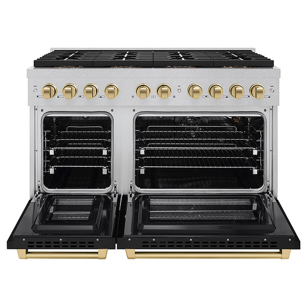 ZLINE Autograph Edition 48 in. 6.7 cu. ft. Paramount Gas Range with 8 Burner DuoPro™ Cooktop and Dual Ovens in Satin Stainless Steel with Black Matte Doors and Champagne Bronze Accents, Open Box-Good Condition