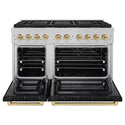 ZLINE Autograph Edition 48 in. 6.7 cu. ft. Paramount Gas Range with 8 Burner DuoPro™ Cooktop and Dual Ovens in Satin Stainless Steel with Black Matte Doors and Champagne Bronze Accents, Open Box-Great Condition