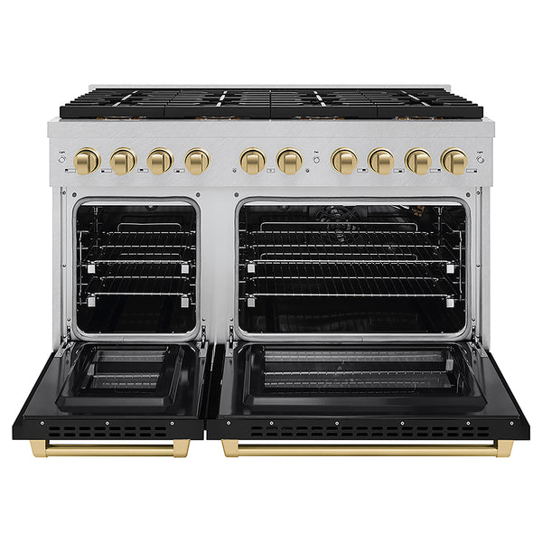 ZLINE Autograph Edition 48 in. 6.7 cu. ft. Paramount Gas Range with 8 Burner DuoPro™ Cooktop and Dual Ovens in Satin Stainless Steel with Black Matte Doors and Champagne Bronze Accents, Open Box-Great Condition