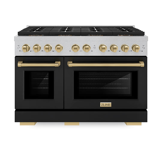ZLINE Autograph Edition 48 in. 6.7 cu. ft. Paramount Gas Range with 8 Burner DuoPro™ Cooktop and Dual Ovens in Satin Stainless Steel with Black Matte Doors and Champagne Bronze Accents (PSGRSZ-BLM48-CB)