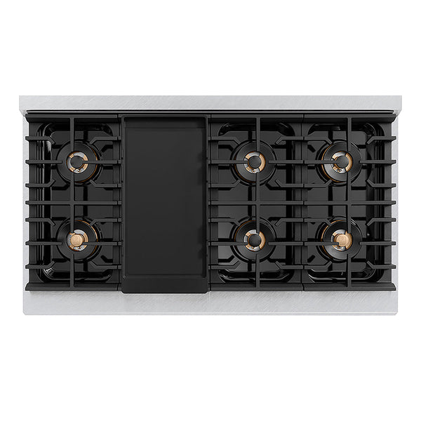 ZLINE Autograph Edition 48 in. 6.7 cu. ft. Paramount Gas Range with 8 Burner DuoPro™ Cooktop and Dual Ovens in Satin Stainless Steel with Black Matte Doors and Champagne Bronze Accents, Open Box-Good Condition