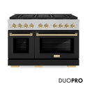 ZLINE Autograph Edition 48 in. 6.7 cu. ft. Paramount Gas Range with 8 Burner DuoPro™ Cooktop and Dual Ovens in Satin Stainless Steel with Black Matte Doors and Polished Gold Accents (PSGRSZ-BLM48-G)