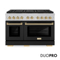 ZLINE Autograph Edition 48 in. 6.7 cu. ft. Paramount Gas Range with 8 Burner DuoPro™ Cooktop and Dual Ovens in Satin Stainless Steel with Black Matte Doors and Polished Gold Accents, Open Box-Good Condition