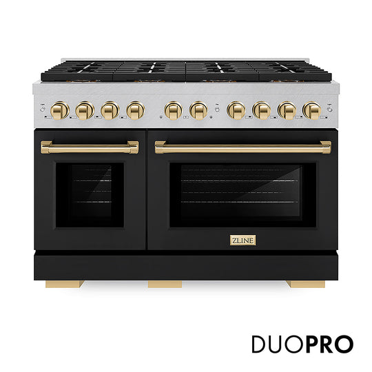 ZLINE Autograph Edition 48 in. 6.7 cu. ft. Paramount Gas Range with 8 Burner DuoPro™ Cooktop and Dual Ovens in Satin Stainless Steel with Black Matte Doors and Polished Gold Accents, Open Box-Good Condition