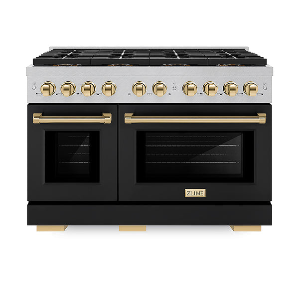 ZLINE Autograph Edition 48 in. 6.7 cu. ft. Paramount Gas Range with 8 Burner DuoPro™ Cooktop and Dual Ovens in Satin Stainless Steel with Black Matte Doors and Polished Gold Accents, Open Box-Great Condition