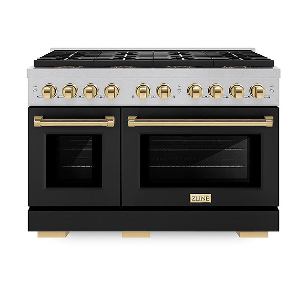 ZLINE Autograph Edition 48 in. 6.7 cu. ft. Paramount Gas Range with 8 Burner DuoPro™ Cooktop and Dual Ovens in Satin Stainless Steel with Black Matte Doors and Polished Gold Accents, Open Box-Good Condition