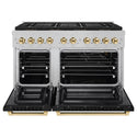 ZLINE Autograph Edition 48 in. 6.7 cu. ft. Paramount Gas Range with 8 Burner DuoPro™ Cooktop and Dual Ovens in Satin Stainless Steel with Black Matte Doors and Polished Gold Accents, Open Box-Great Condition