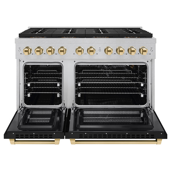 ZLINE Autograph Edition 48 in. 6.7 cu. ft. Paramount Gas Range with 8 Burner DuoPro™ Cooktop and Dual Ovens in Satin Stainless Steel with Black Matte Doors and Polished Gold Accents, Open Box-Great Condition