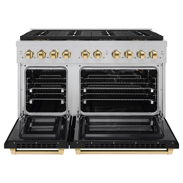 ZLINE Autograph Edition 48 in. 6.7 cu. ft. Paramount Gas Range with 8 Burner DuoPro™ Cooktop and Dual Ovens in Satin Stainless Steel with Black Matte Doors and Polished Gold Accents, Open Box-Good Condition