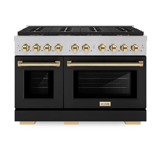 ZLINE Autograph Edition 48 in. 6.7 cu. ft. Paramount Gas Range with 8 Burner DuoPro™ Cooktop and Dual Ovens in Satin Stainless Steel with Black Matte Doors and Polished Gold Accents (PSGRSZ-BLM48-G)