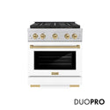 ZLINE Autograph Edition 30 in. 4.2 cu. ft. Paramount Gas Range with 4 Burner DuoPro™ Cooktop and Convection Gas Oven in Satin Stainless Steel with White Matte Door and Champagne Bronze Accents, Open Box-Great Condition